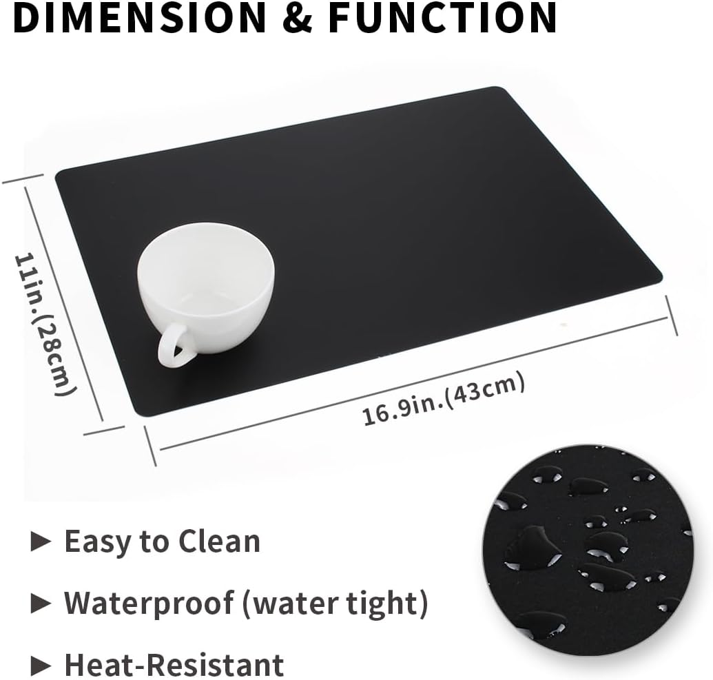 Black Placemats Set of 4 wipeable Washable Wipe Clean Rectangle Table Mats for Indoor Outdoor Rectangular Waterproof Dark Placemat Easy Clean Polypropylene Plastic Place mats (4, Black)