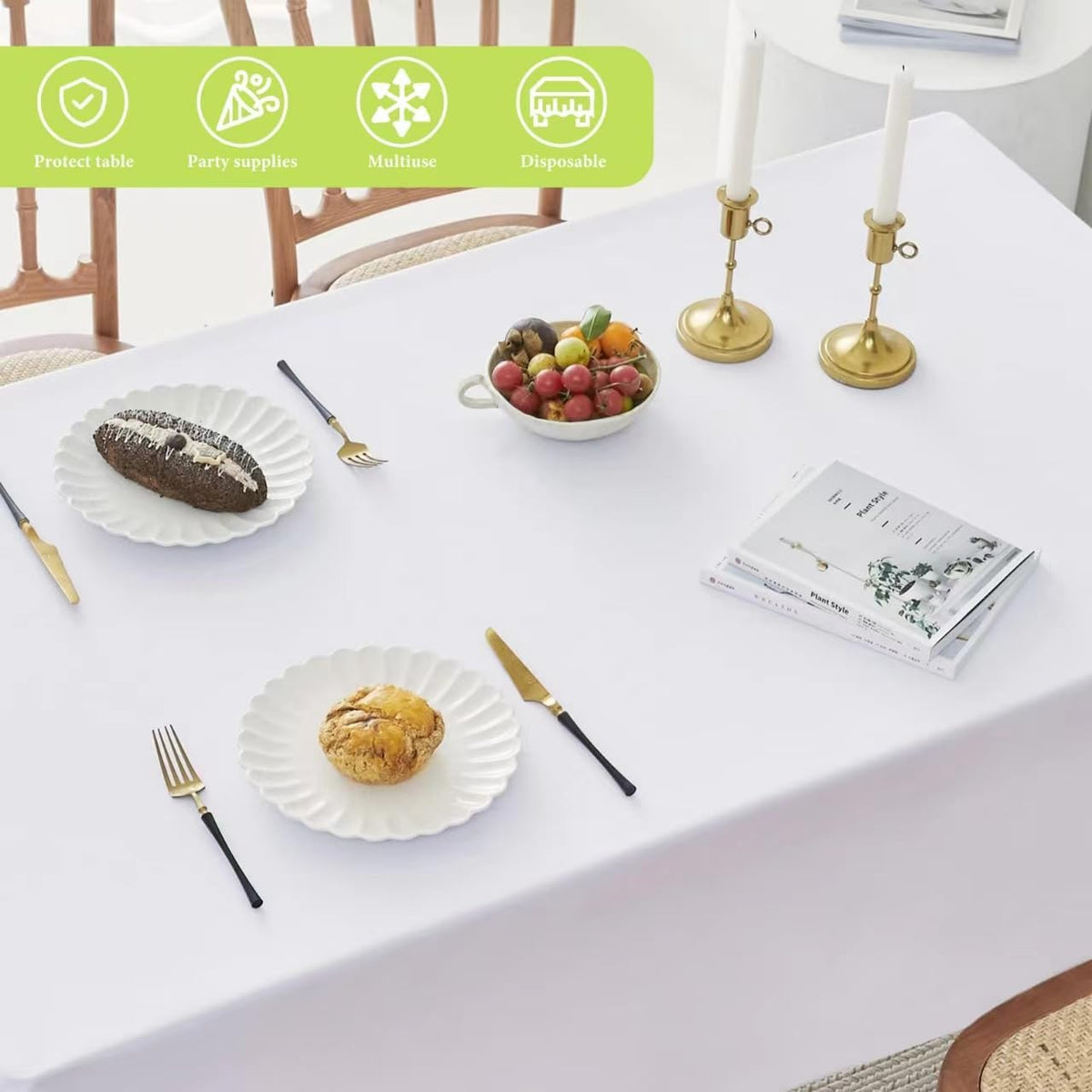 White Paper Tablecloths for Rectangle Tables 12 Pack - 54 x 108 Inches - 3 Ply Premium Paper & Plastic Table Cloths for Parties Disposable, Rectangle Tablecloth for Wedding, Party, Banquet
