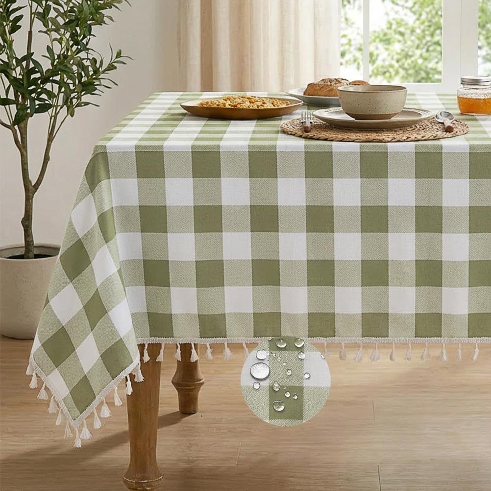 Deep Dream Water-Resistant Checkered Tablecloth Rectangle, Cotton Linen Gingham Table Cloth with Tassel, Wrinkle Free Buffalo Plaid Table Cover for Picnic Kitchen Dining Room - 55 x 70 Inch, Khaki