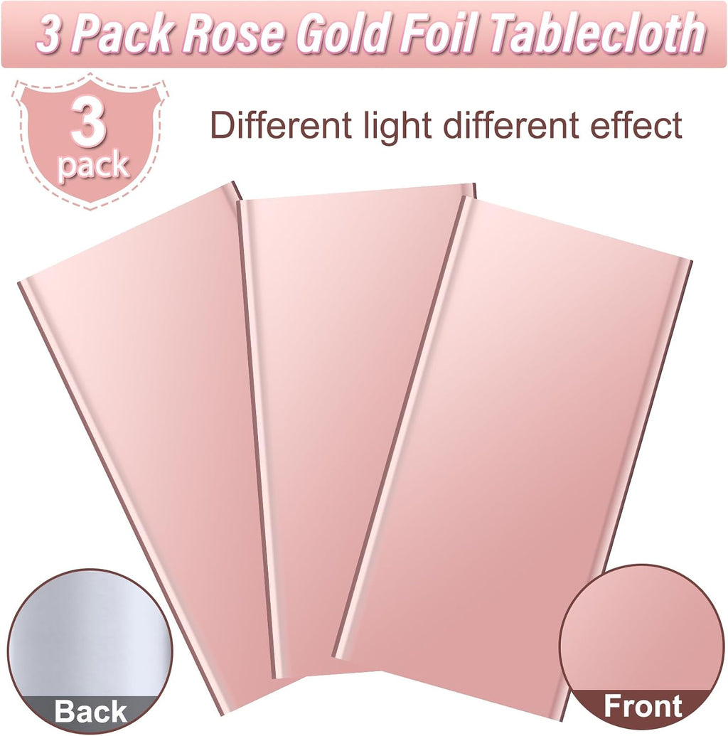 3 Pack Rose Gold Plastic Tablecloth, Dusty Pink Disposable Rectangle Table Covers, Holographic Metallic Foil Tablecloth Rose Party Supplies Decorations for Birthday Wedding Bachelorette, 54x108Inch