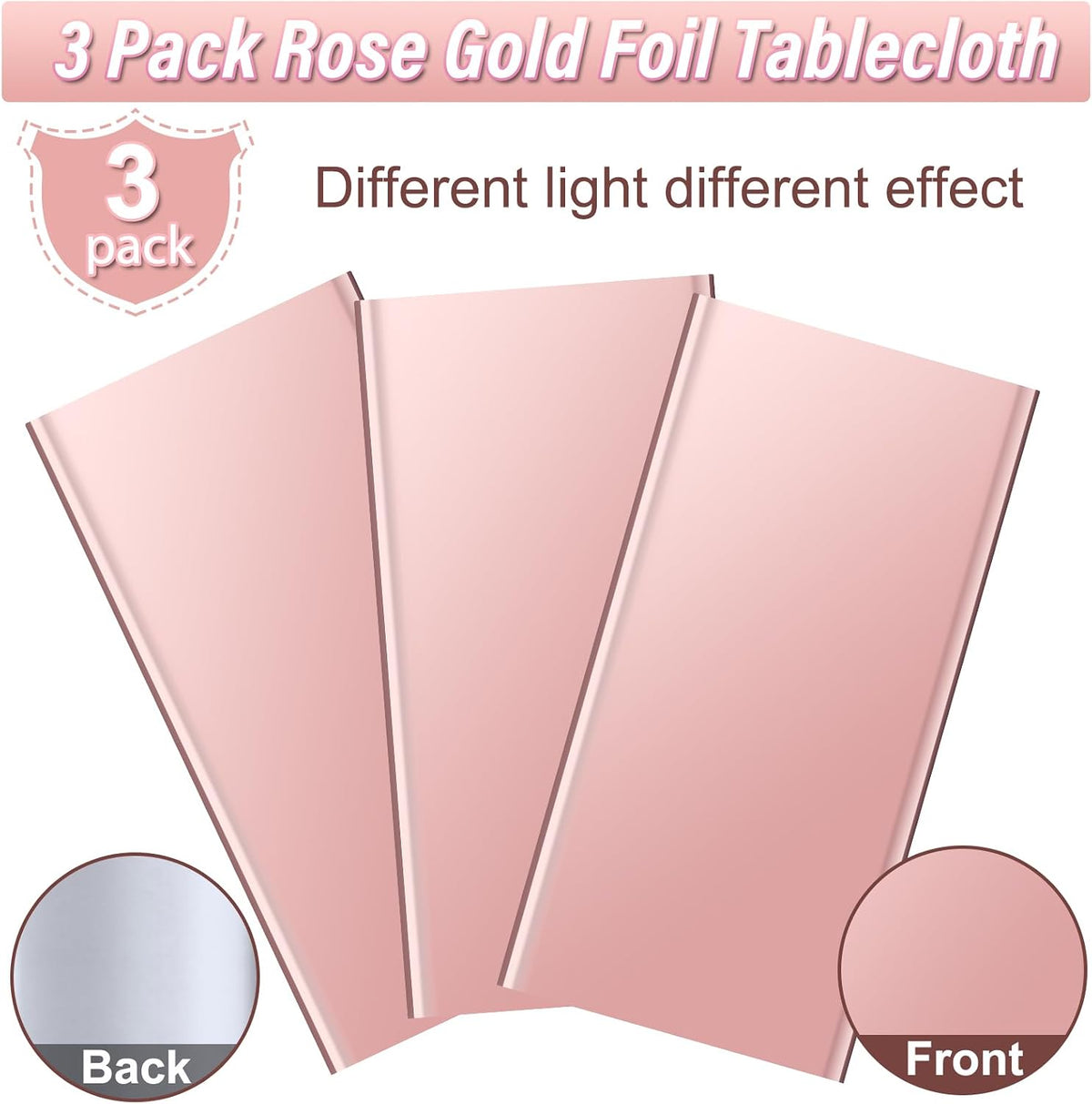 3 Pack Rose Gold Plastic Tablecloth, Dusty Pink Disposable Rectangle Table Covers, Holographic Metallic Foil Tablecloth Rose Party Supplies Decorations for Birthday Wedding Bachelorette, 54x108Inch