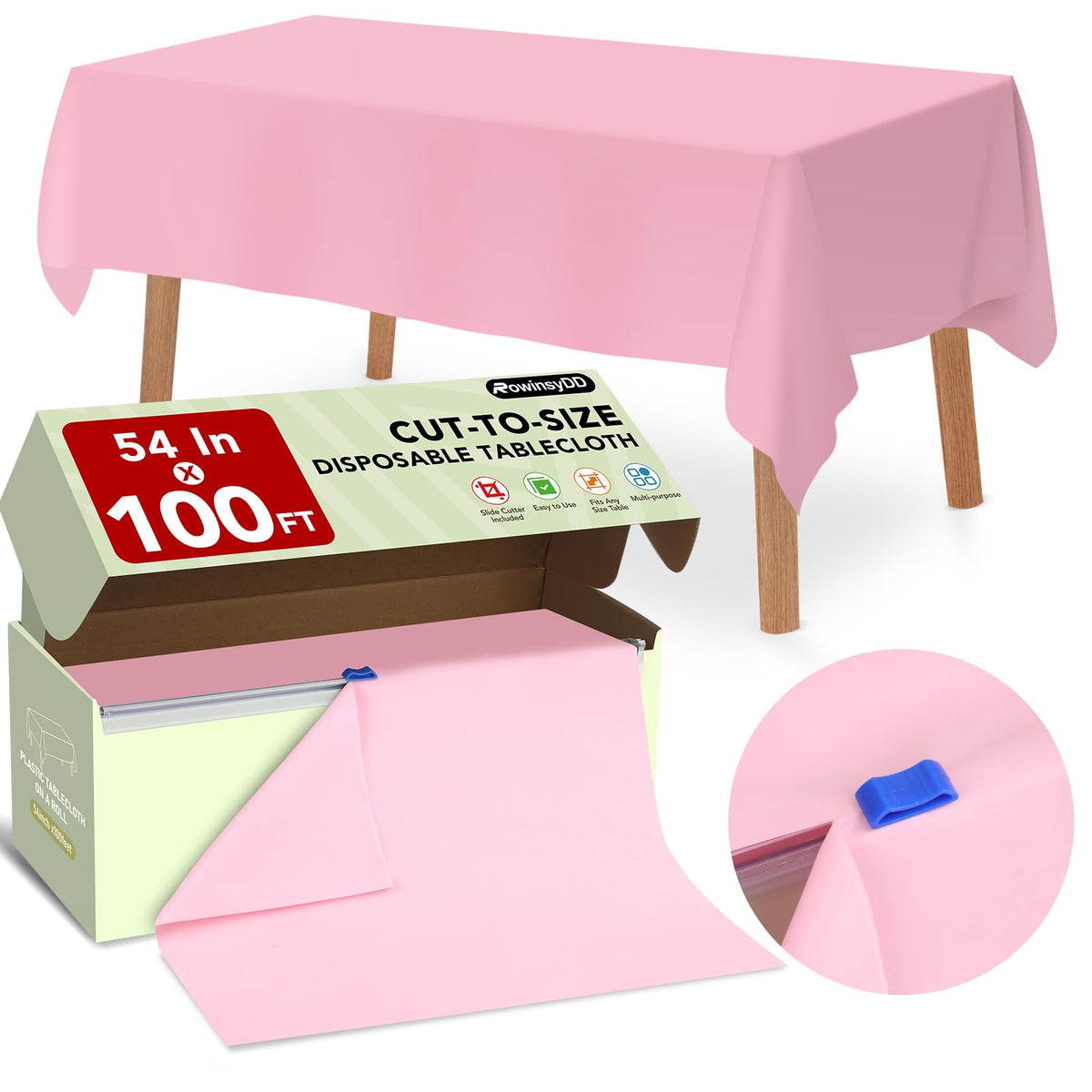 RowinsyDD 54 in X 100 FT White Plastic Table Cover Roll with Slide Cutter