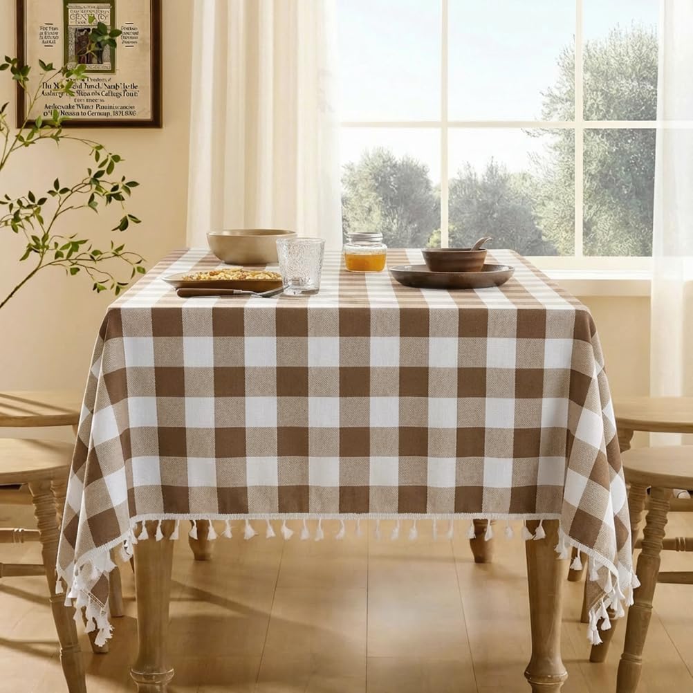 Deep Dream Water-Resistant Checkered Tablecloth Rectangle, Cotton Linen Gingham Table Cloth with Tassel, Wrinkle Free Buffalo Plaid Table Cover for Picnic Kitchen Dining Room - 55 x 70 Inch, Khaki