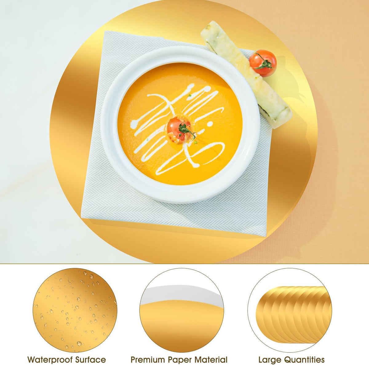 KesaPlan 50PCS 13in Round Gold Placemats, Disposable Paper Chargers Plate
