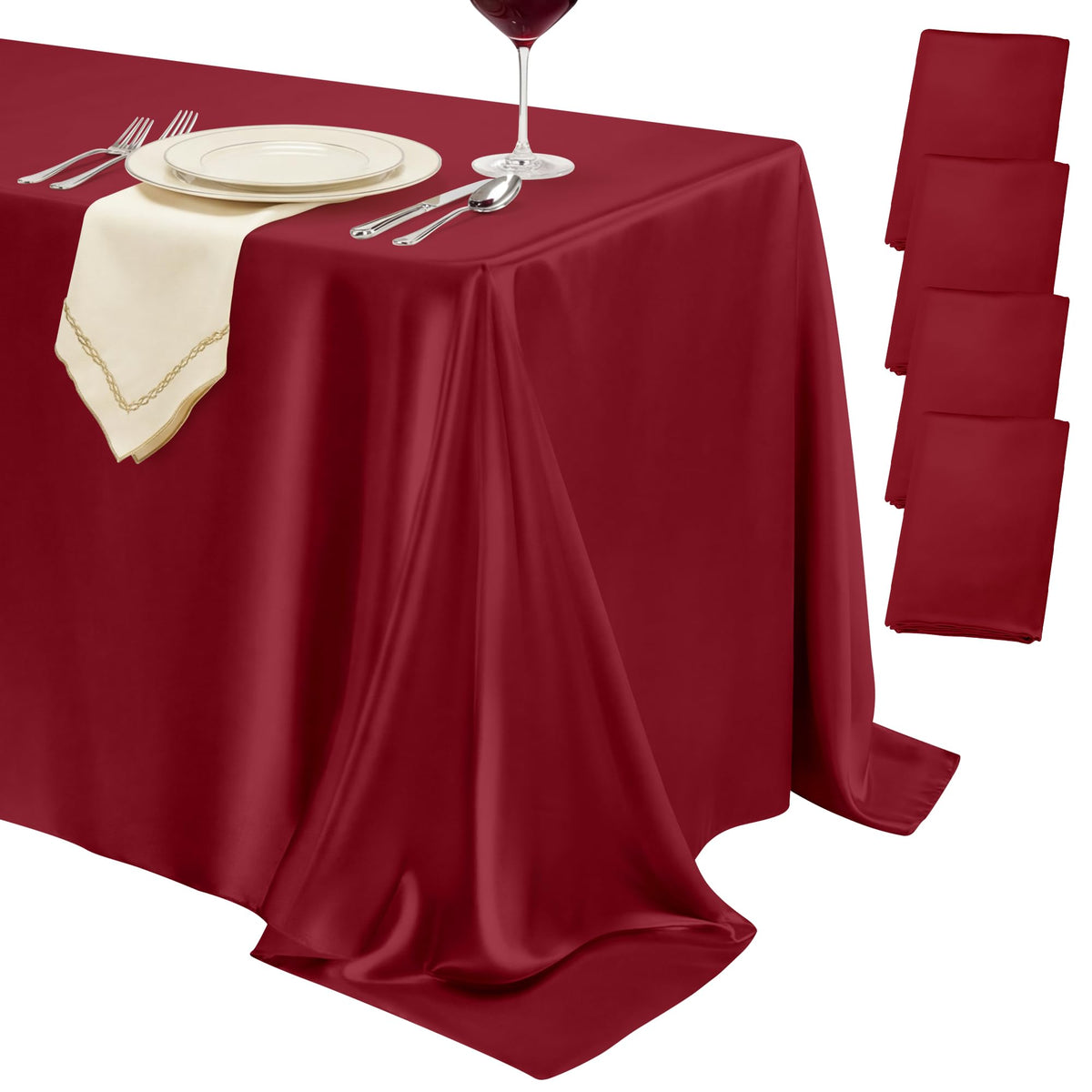 4 Pack Ivory Satin Tablecloth 58 x 102 Inch Overlay Seamless Design