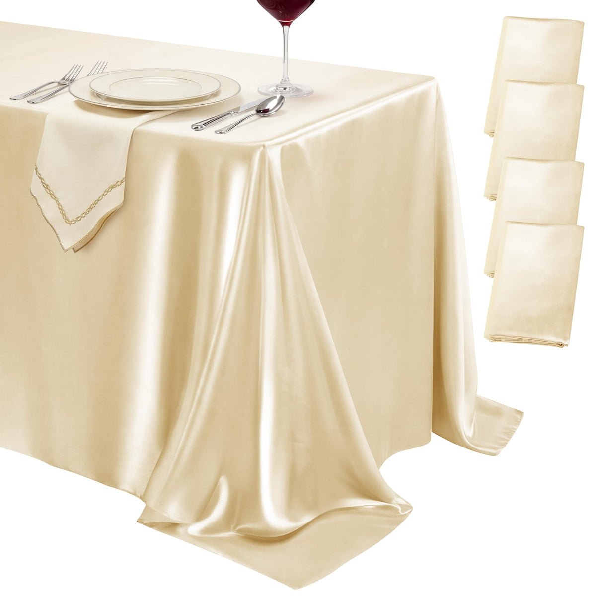 4 Pack Ivory Satin Tablecloth 58 x 102 Inch Overlay Seamless Design