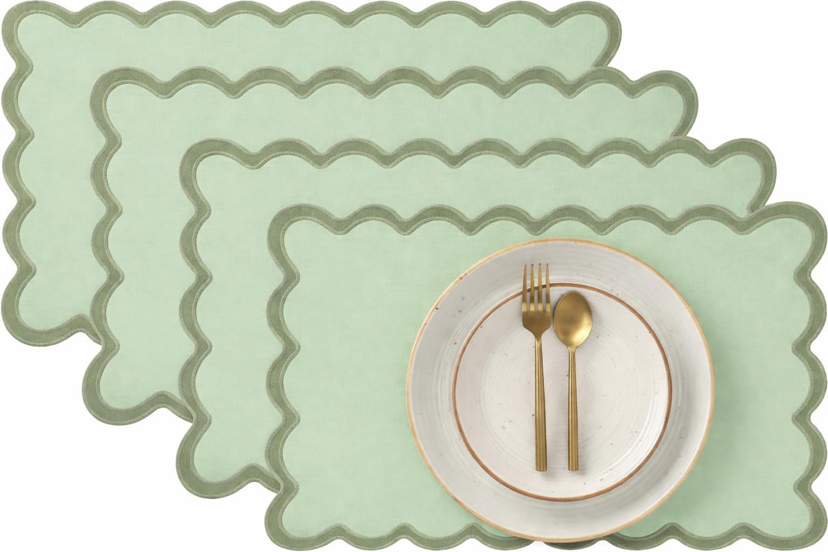 Folkulture Placemats Set of 4, Scalloped, Cute Sage Green - (13x19 Inch)