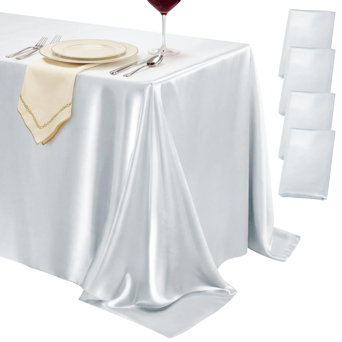 4 Pack Ivory Satin Tablecloth 58 x 102 Inch Overlay Seamless Design