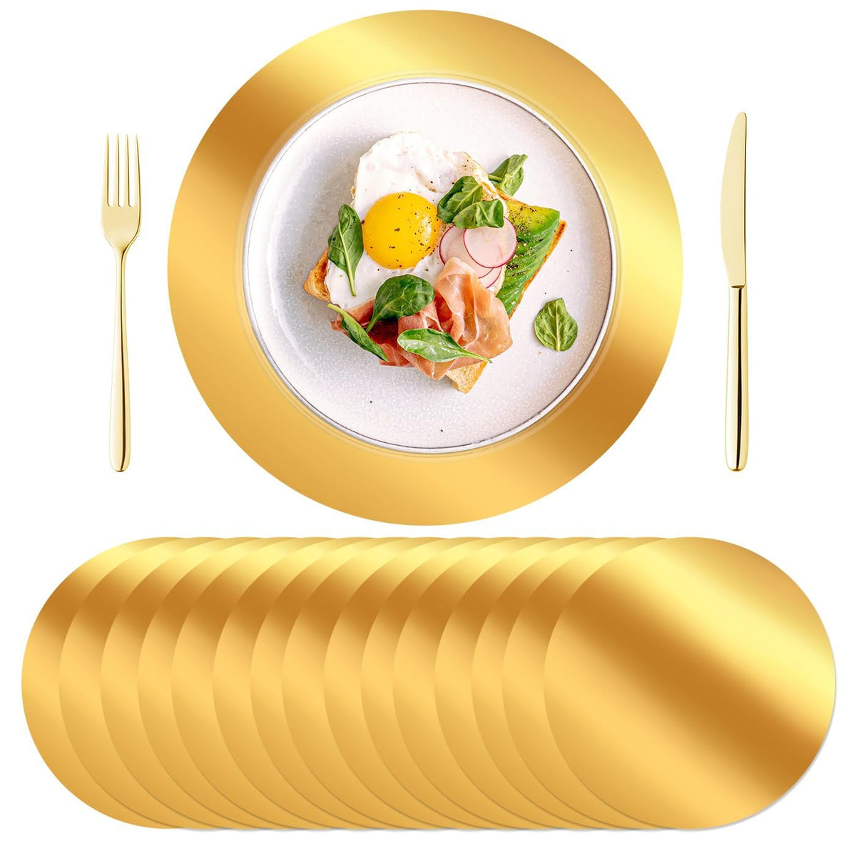 KesaPlan 50PCS 13in Round Gold Placemats, Disposable Paper Chargers Plate