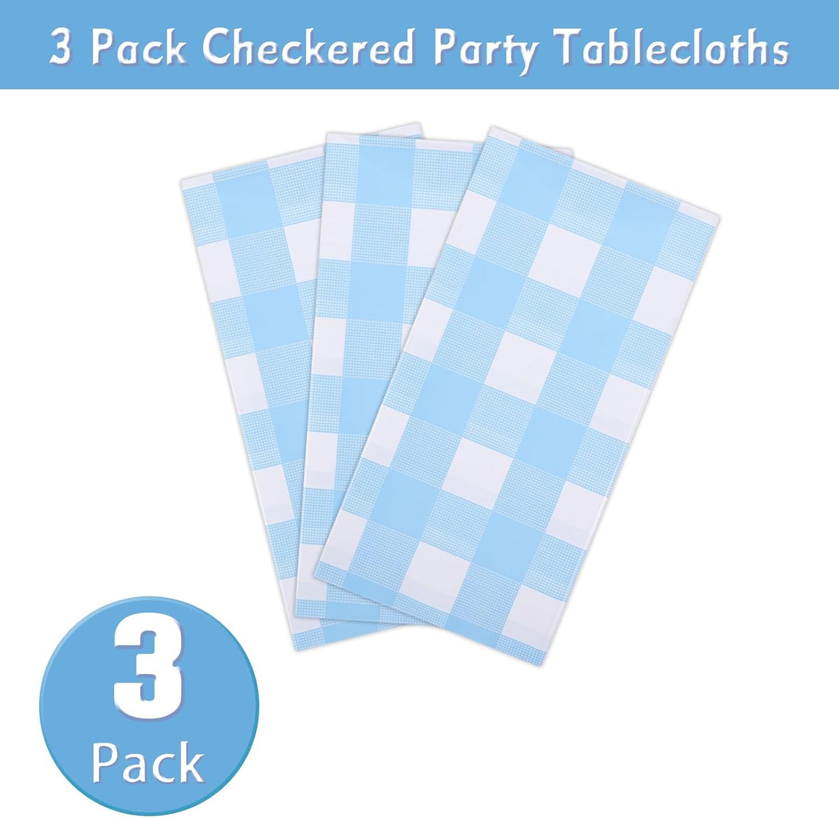 Kesfey 3 Packs Light Blue Gingham Tablecloth Pale Blue and White Checkered Tablecloths 54 x 108 Inches Disposable Plastic Gingham Tablecovers Waterproof Rectangle Picnic Table Cover for Birthday Party