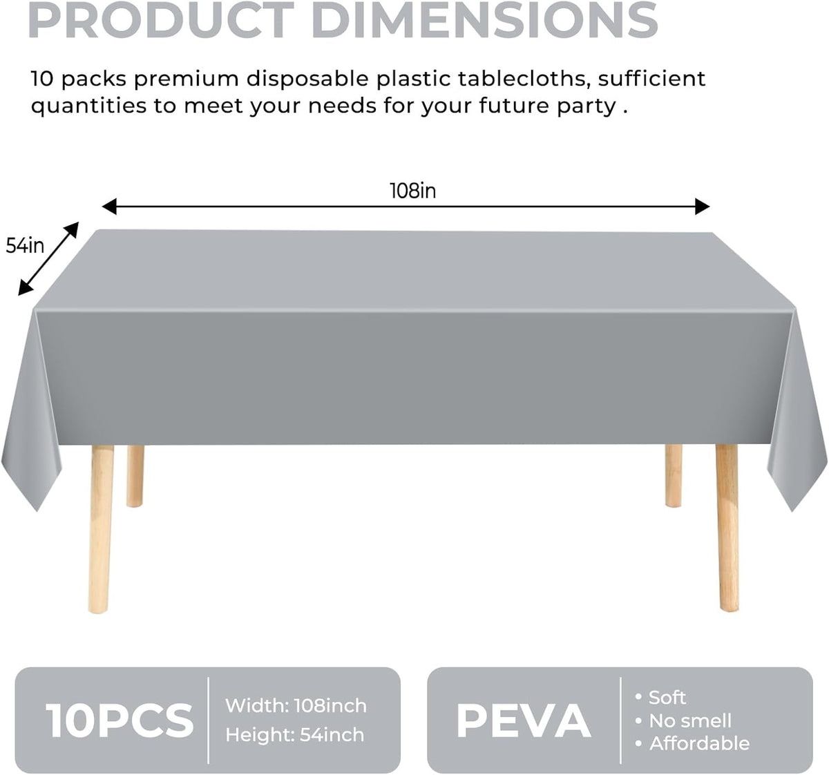 10 Pack Silver Grey Plastic Tablecloth 54x108 Inch Disposable Waterproof Rectangle Table Cover for Party Birthday Wedding Picnic Outdoor