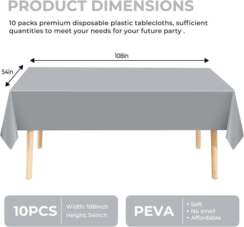 10 Pack Silver Grey Plastic Tablecloth 54x108 Inch Disposable Waterproof Rectangle Table Cover for Party Birthday Wedding Picnic Outdoor