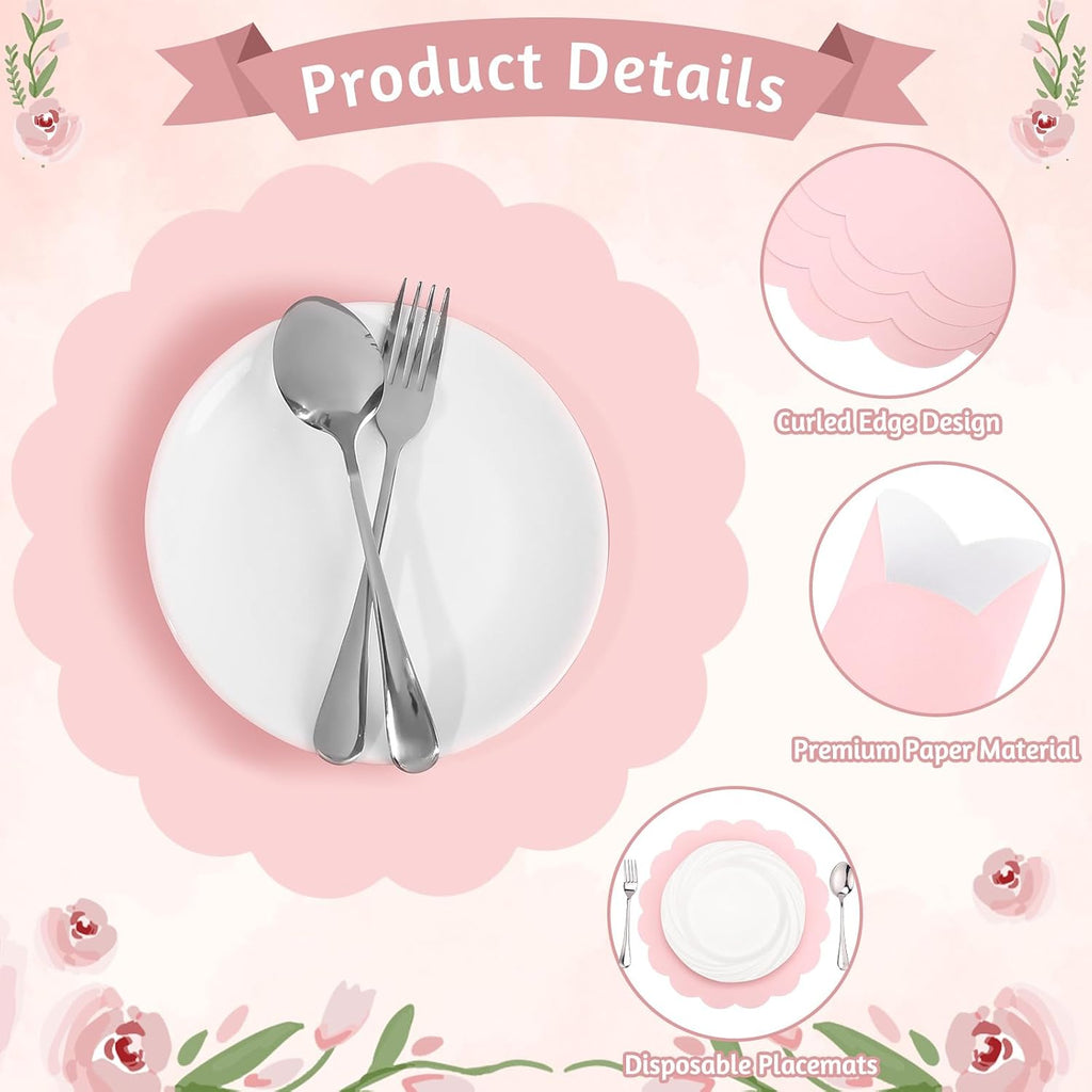 60 Pcs Light Pink Paper Placemats, 13.5 Inch Disposable Scalloped Placemat