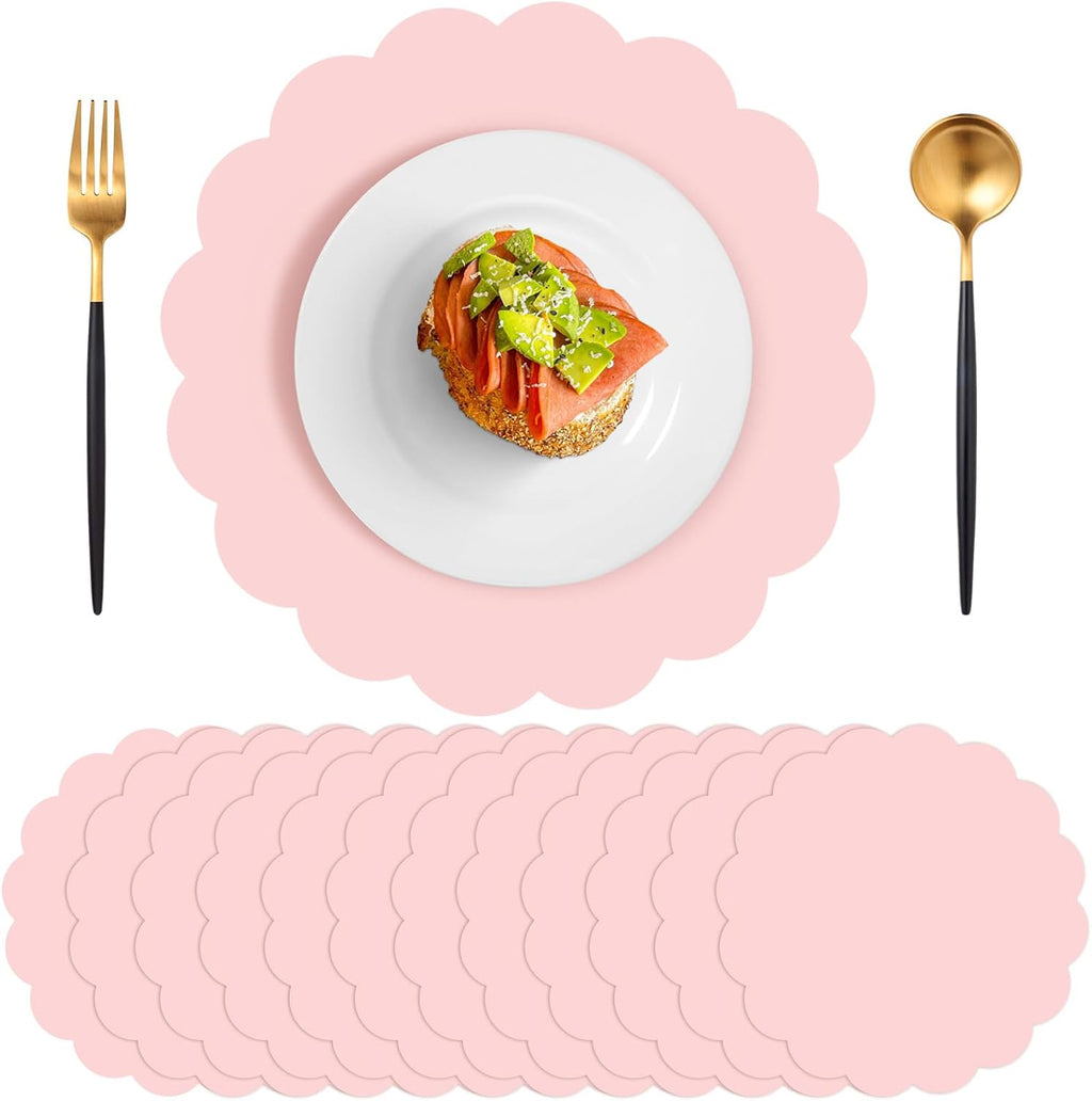 60 Pcs Light Pink Paper Placemats, 13.5 Inch Disposable Scalloped Placemat