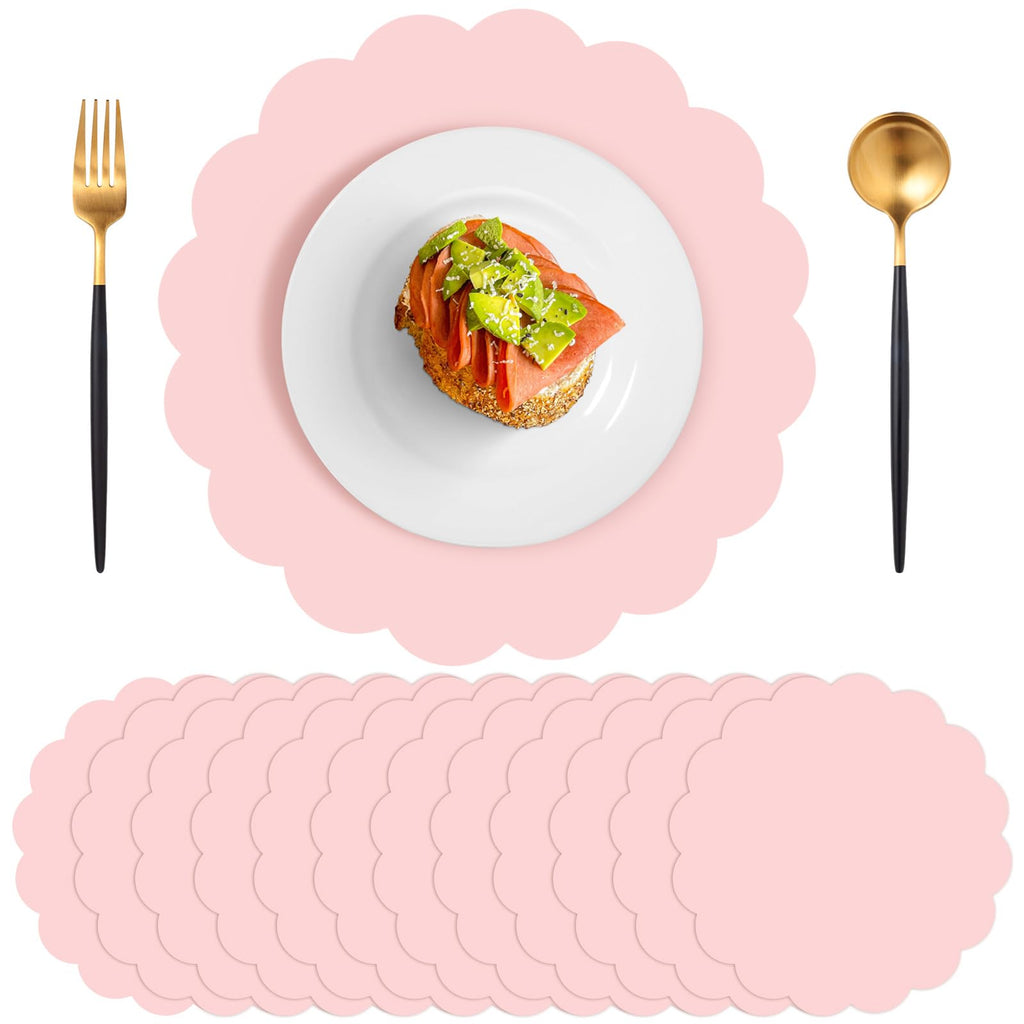 60 Pcs Light Pink Paper Placemats, 13.5 Inch Disposable Scalloped Placemat