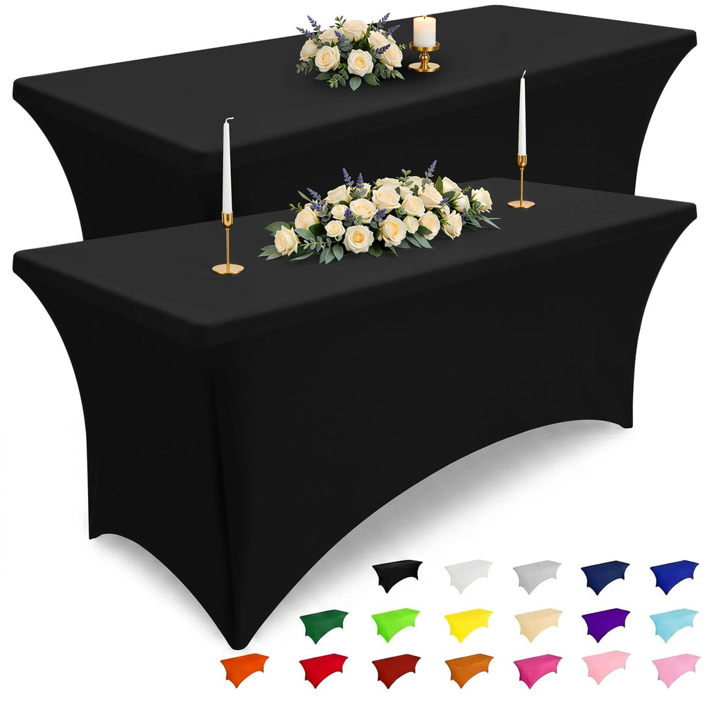 Smiry 2 Pack Spandex Table Cloth 6FT, Elastic Fitted Black Tablecloth