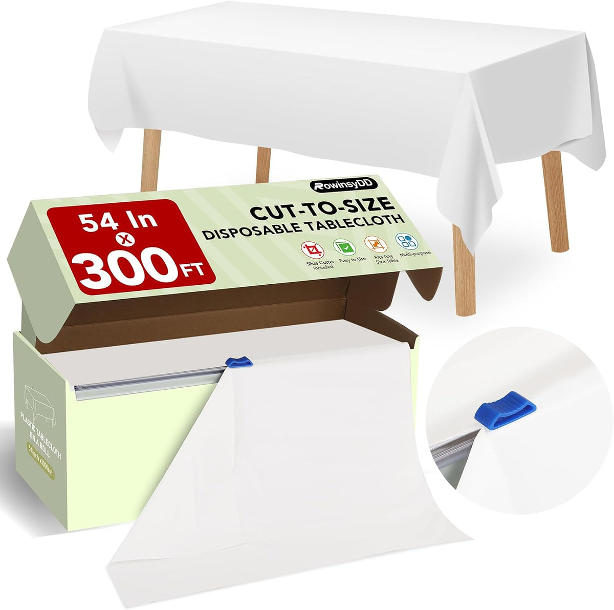 RowinsyDD 54 in X 100 FT White Plastic Table Cover Roll with Slide Cutter