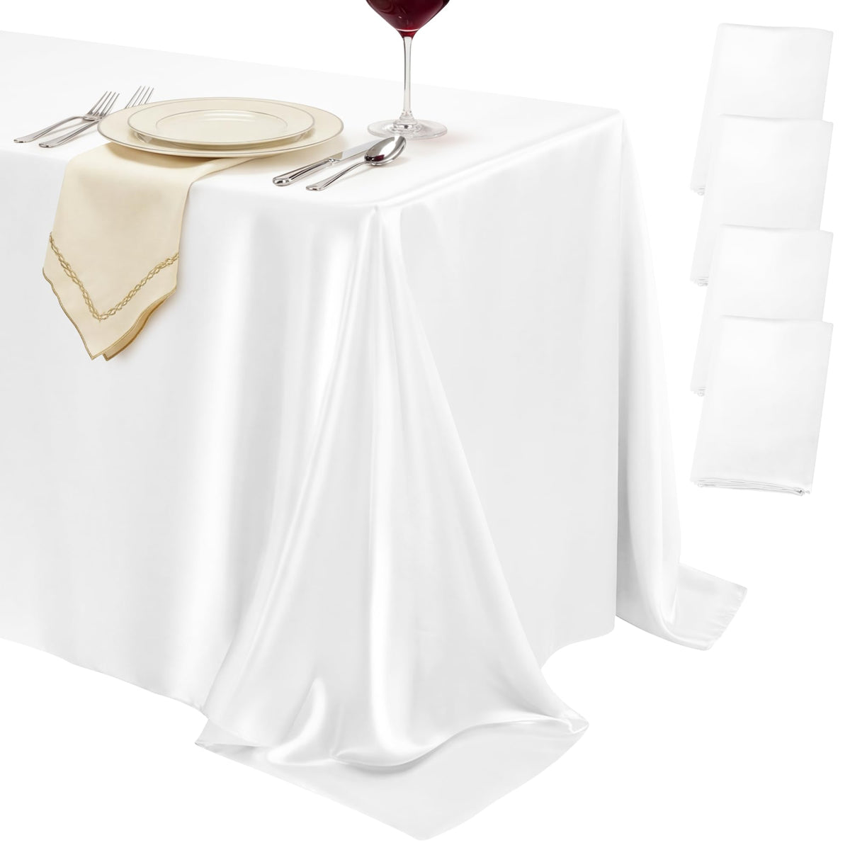 4 Pack Ivory Satin Tablecloth 58 x 102 Inch Overlay Seamless Design