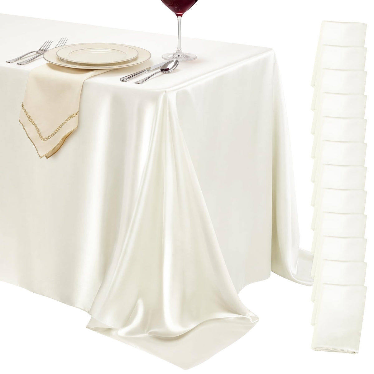 4 Pack Ivory Satin Tablecloth 58 x 102 Inch Overlay Seamless Design