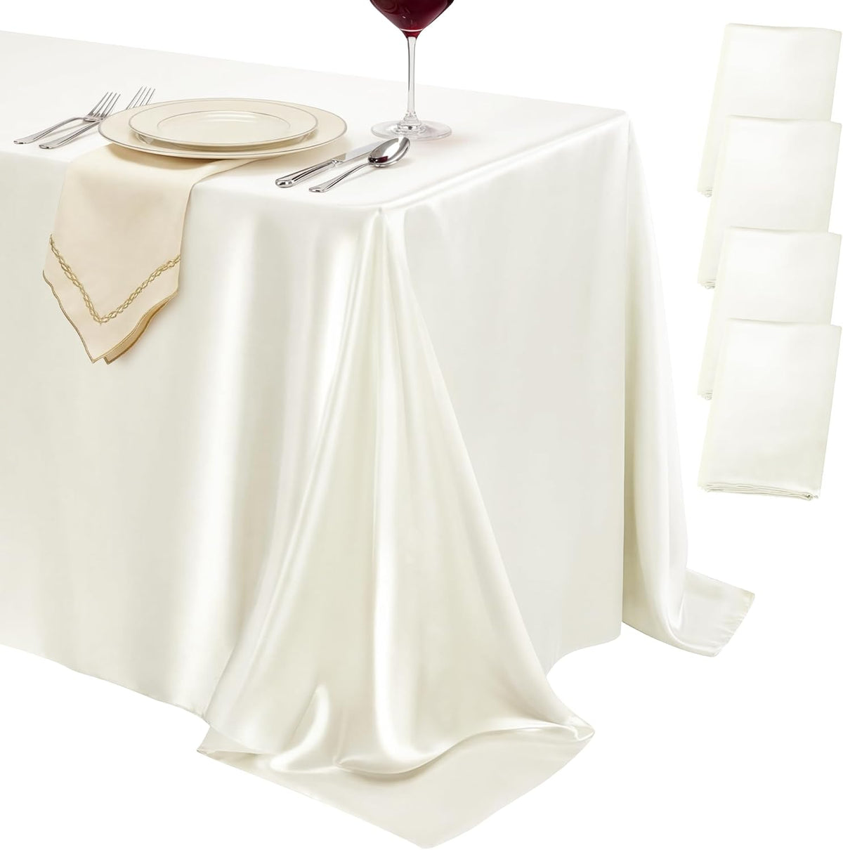 4 Pack Ivory Satin Tablecloth 58 x 102 Inch Overlay Seamless Design