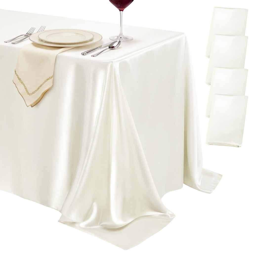 4 Pack Ivory Satin Tablecloth 58 x 102 Inch Overlay Seamless Design