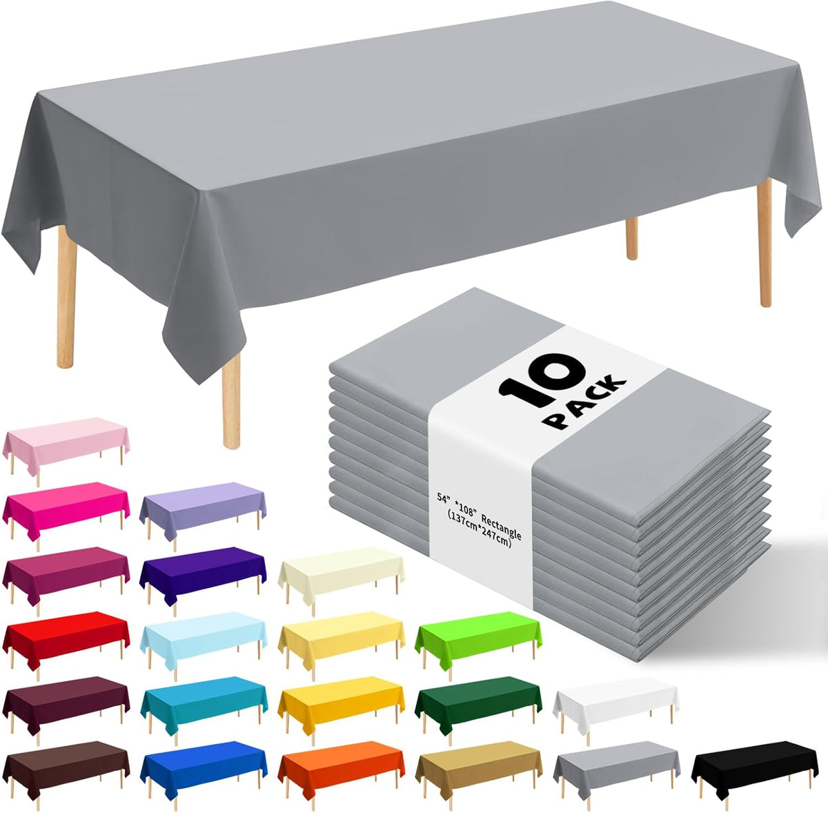 10 Pack Silver Grey Plastic Tablecloth 54x108 Inch Disposable Waterproof Rectangle Table Cover for Party Birthday Wedding Picnic Outdoor