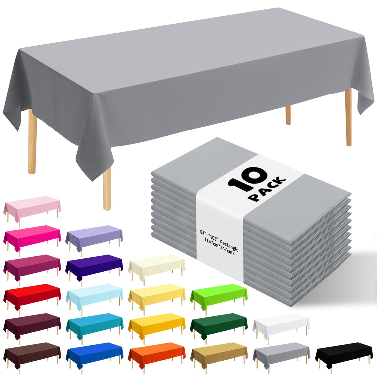 10 Pack Silver Grey Plastic Tablecloth 54x108 Inch Disposable Waterproof Rectangle Table Cover for Party Birthday Wedding Picnic Outdoor