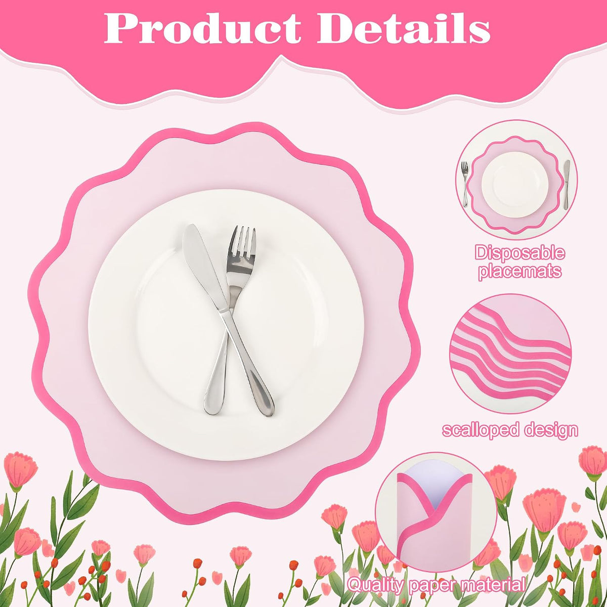 50 Pcs Pink Scalloped Paper Placemats, Disposable Wavy Edge Table Mats