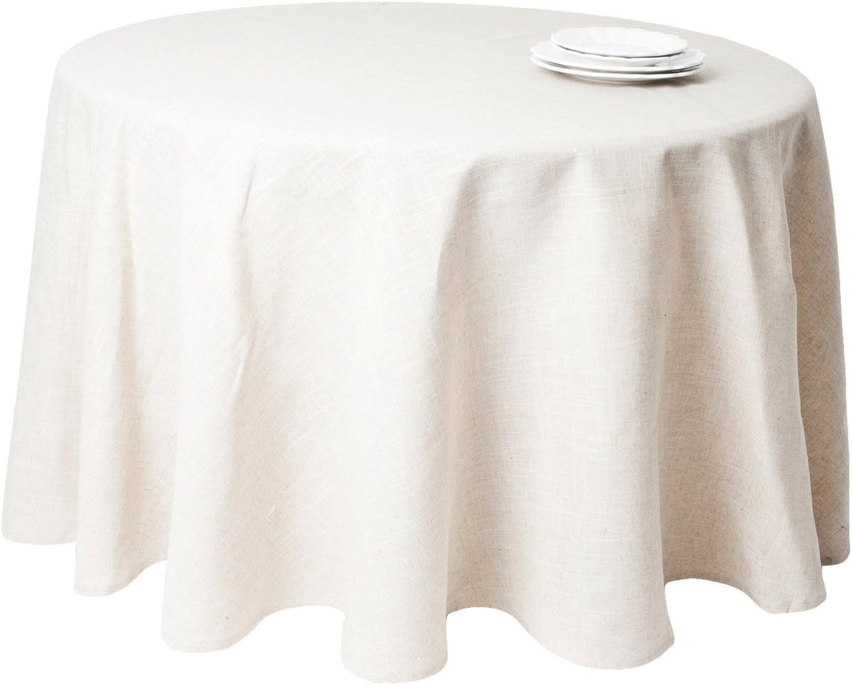 SARO LIFESTYLE Poly and Linen Blend Toscana Tablecloth with No Hemstitch Border, Natural, 132"