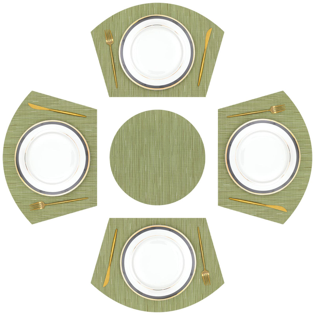 SHACOS Large Size Wedge Shape Placemats with Centerpiece Round Mat Set of 5 Round Table Place Mats Washable Dining Table Placemats Reversible, Beige