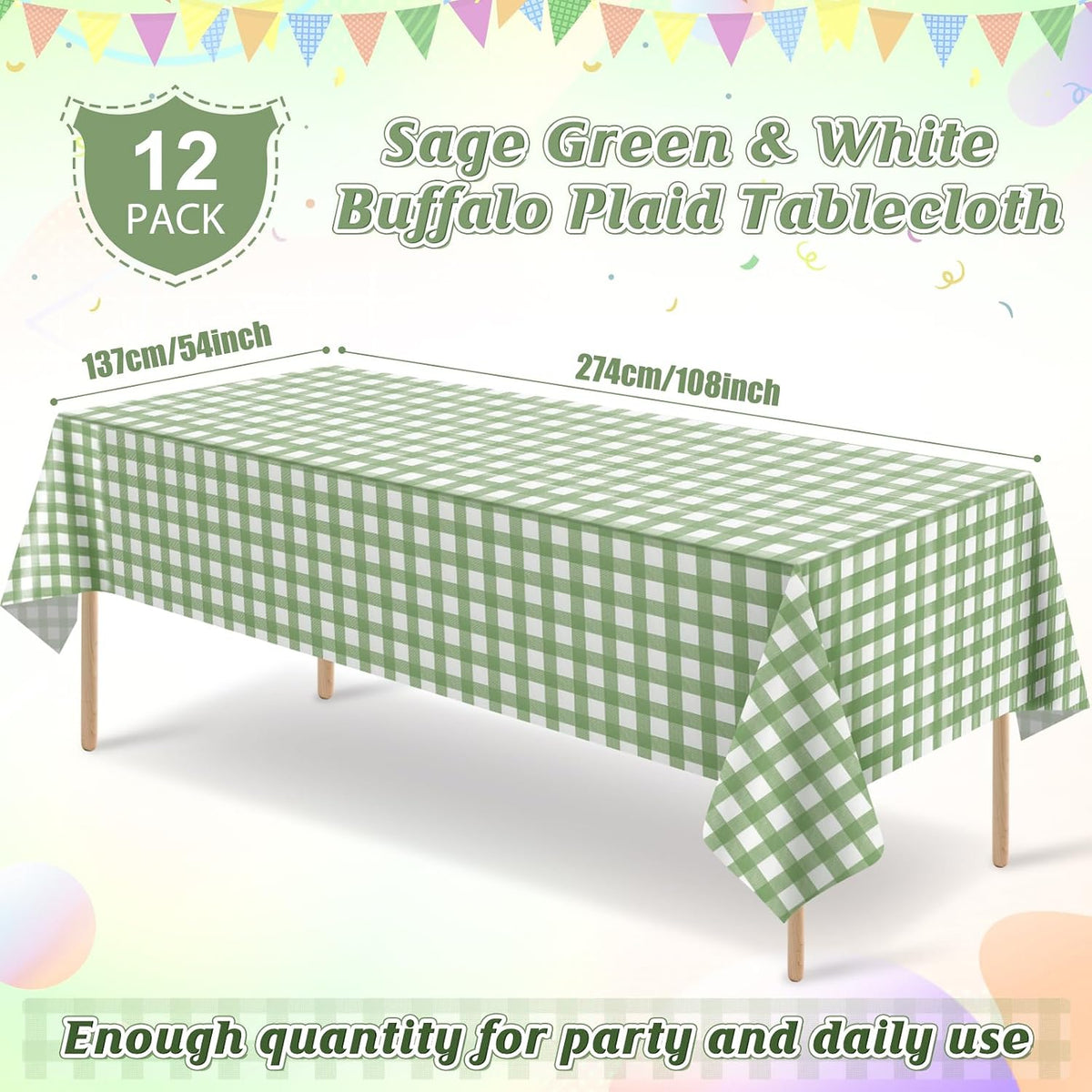 12Pack Sage Green Plastic Checkered Tablecloth, Premium Decorative Disposable Sage Green Gingham Plaid Table Cloths for Parties, Rectangle Party Table Cover for Picnic Birthday Wedding, 54x108 Inch