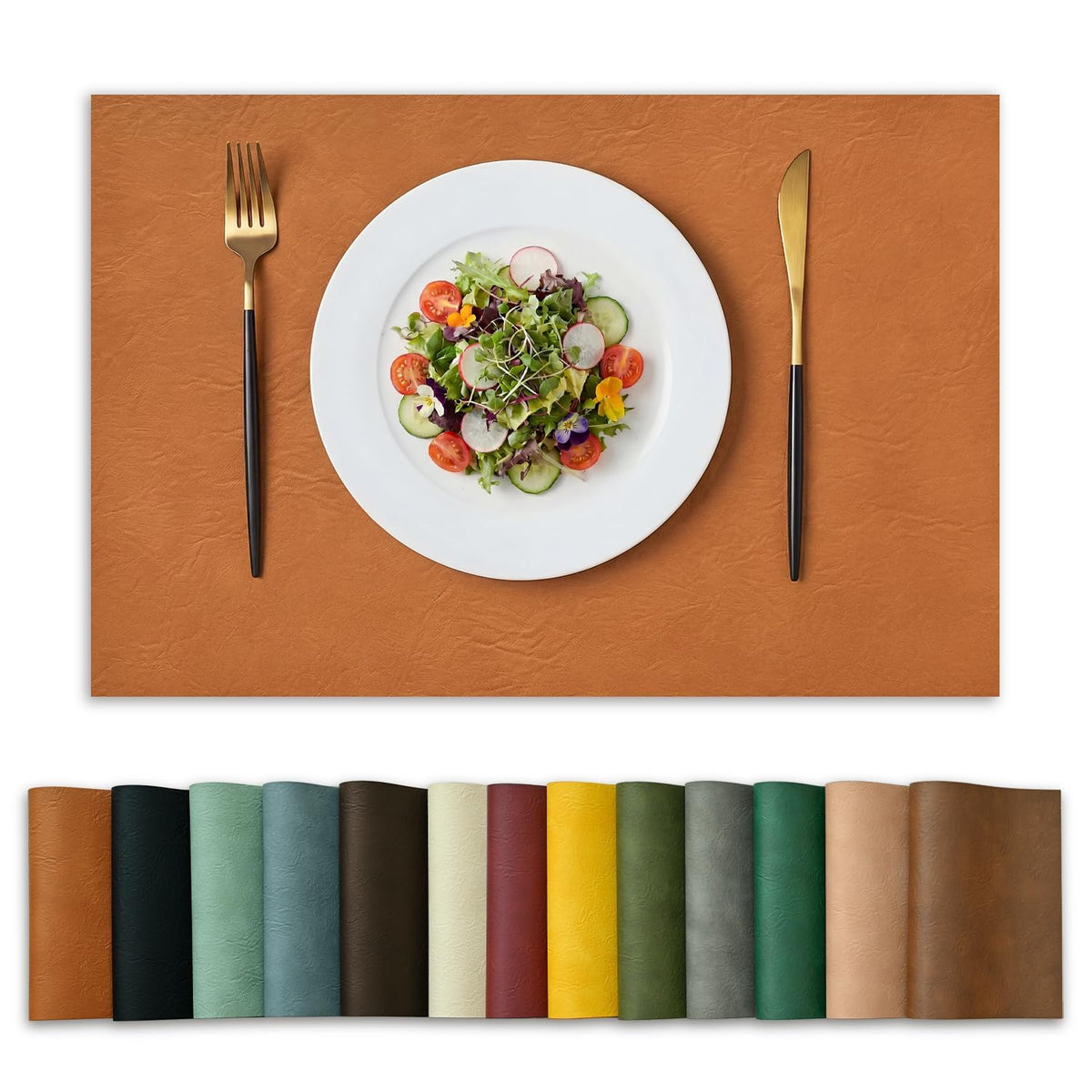 Artoid Mode Olive Green Faux Leather Placemats Set of 6, 12x18 Inch Waterproof Wipeable Heat Resistant Vinyl Place Mats, Reversible Table Mats for Kitchen Dining Decor