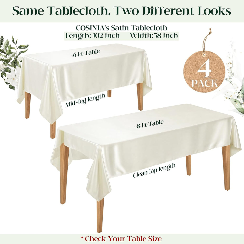 4 Pack Ivory Satin Tablecloth 58 x 102 Inch Overlay Seamless Design
