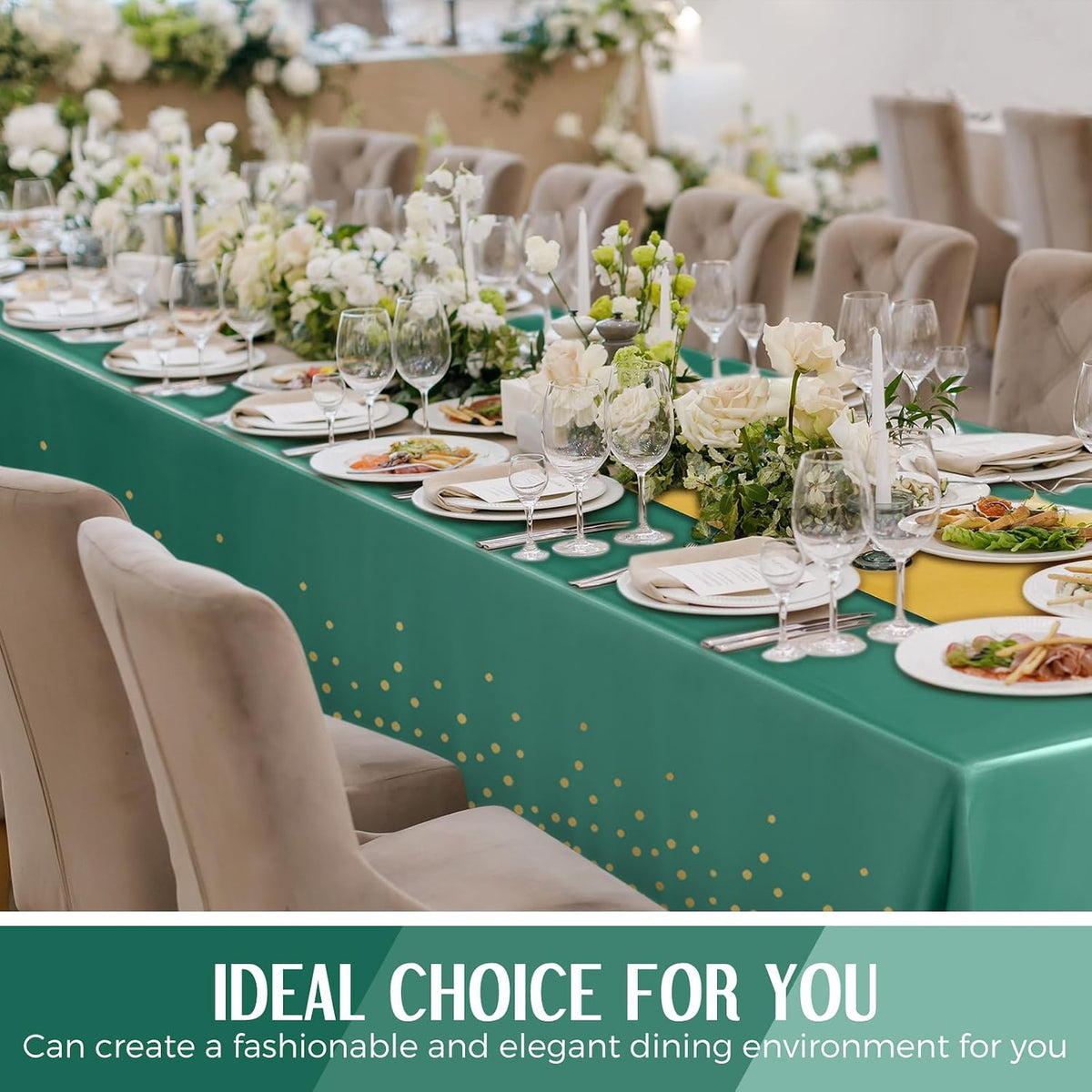 Breling 8 Pack Green and Gold Tablecloths and Satin Runners Set