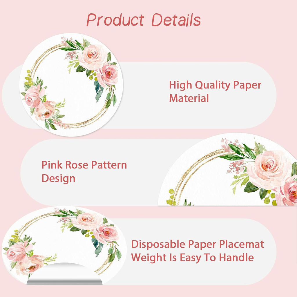 100 Pack Paper Placemats Disposable Pink Floral Wedding Disposable Placemats 13.7 Inch Rose Floral Round Place Mats Spring Summer Table Mats for Birthday Wedding Anniversary Bride Party Supplies
