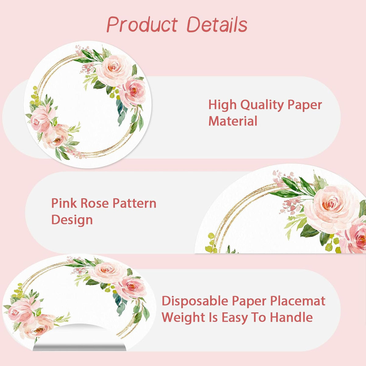 100 Pack Paper Placemats Disposable Pink Floral Wedding Disposable Placemats 13.7 Inch Rose Floral Round Place Mats Spring Summer Table Mats for Birthday Wedding Anniversary Bride Party Supplies