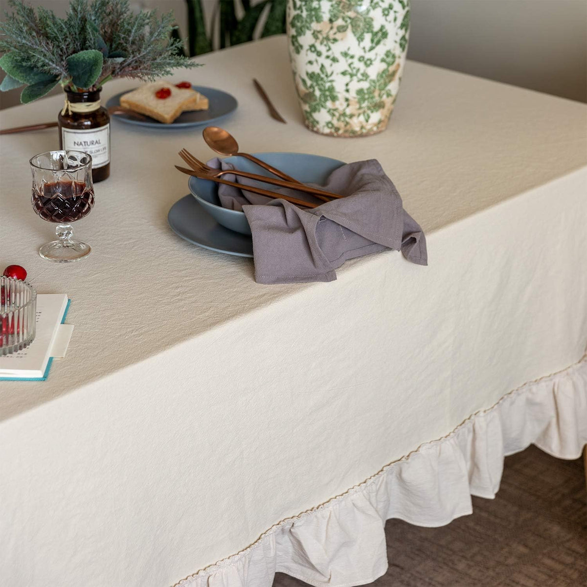 GLORY SEASON Retro Farmhouse Ruffle Tablecloth Cotton Flounces Trim Washable Table Cover Tablecloths for Rectangle Table Baby Shower Kitchen Party Wedding Decor, 52''x70''