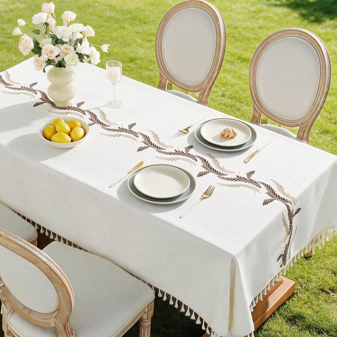 JIALE Tablecloths for Rectangle Tables, Cotton Linen Table Cloth Waterproof Tablecloth Wrinkle Free Farmhouse Dining Tables Cover, Soft Fabric Table Cloths with Tassels, Brown, 55" X 70", 4-6 Seats