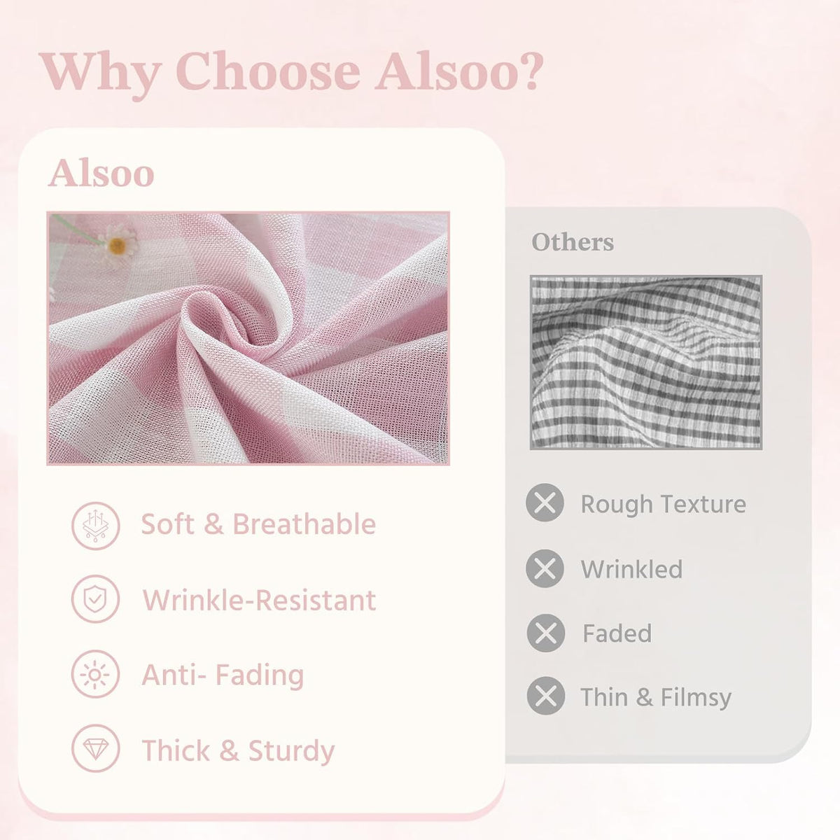 Alsoo Pink Gingham Tablecloth Rectangle 55 x 75 Inch, Washable Checkered Plaid Table Cloth Heavy Duty Linen Cotton Fabric for Mothers Day Outdoor Picnic Party Freshly Graduated