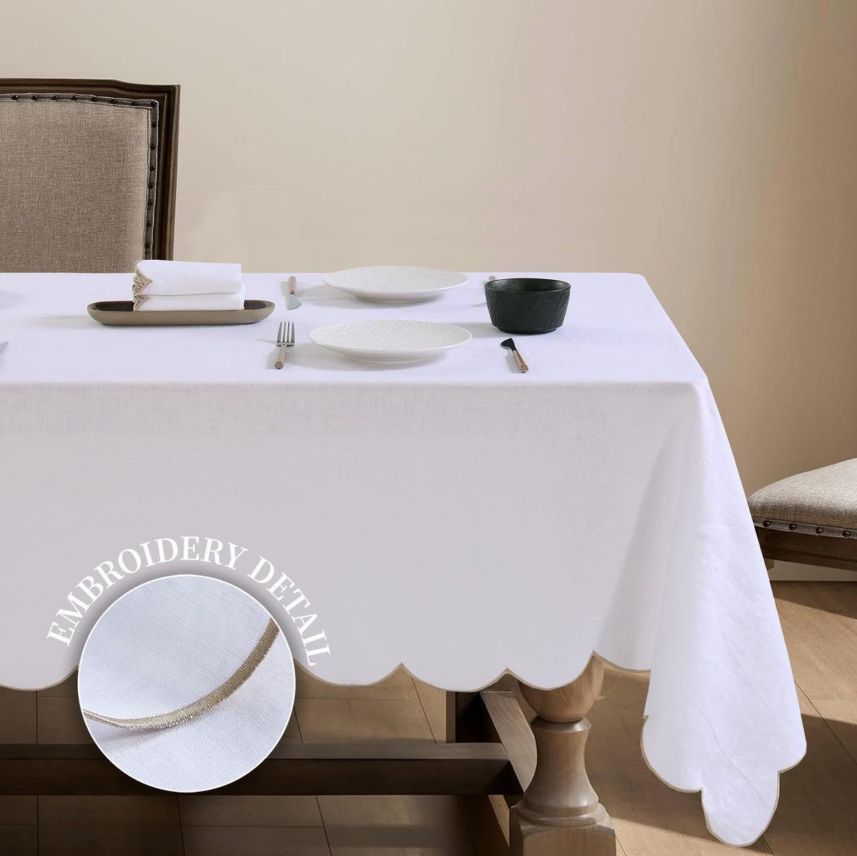 100% French Flax Linen Scalloped Embroidery Rectangle Tablecloths 120Lx60W Inch for Dinners, Parties, Spring, Machine Washable, 10-12 Sets, 60''x120'', Linen(Edges-Gold)
