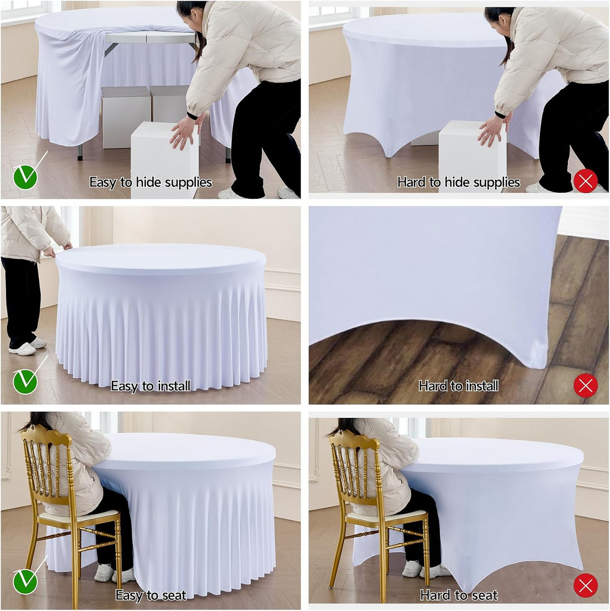 Outpain 6 Pack White Round Spandex Tablecloths for 60in Tables, 120Inch Stretchy Fitted 5FT Round Table Clothes,Wrinkle Free Table Cover with Skirt for Wedding Party Dining Banquet