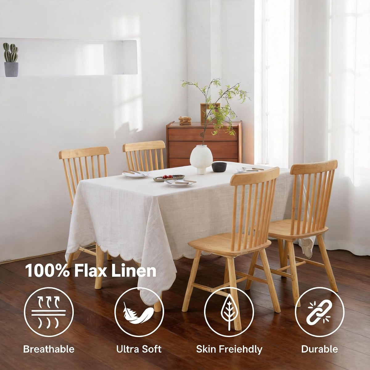 100% French Flax Linen Scalloped Embroidery Rectangle Tablecloths 120Lx60W Inch for Dinners, Parties, Spring, Machine Washable, 10-12 Sets, 60''x120'', Linen(Edges-Gold)