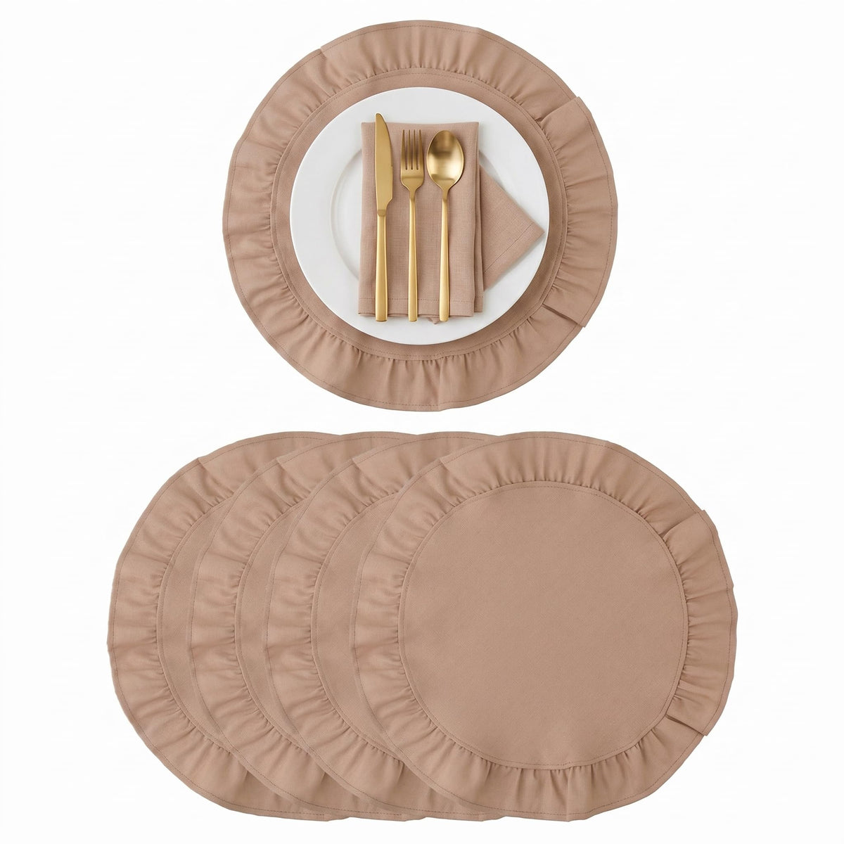 Round Ruffled Linen Blend Placemats, 15 Inch Scalloped Table Mats, Set of 4