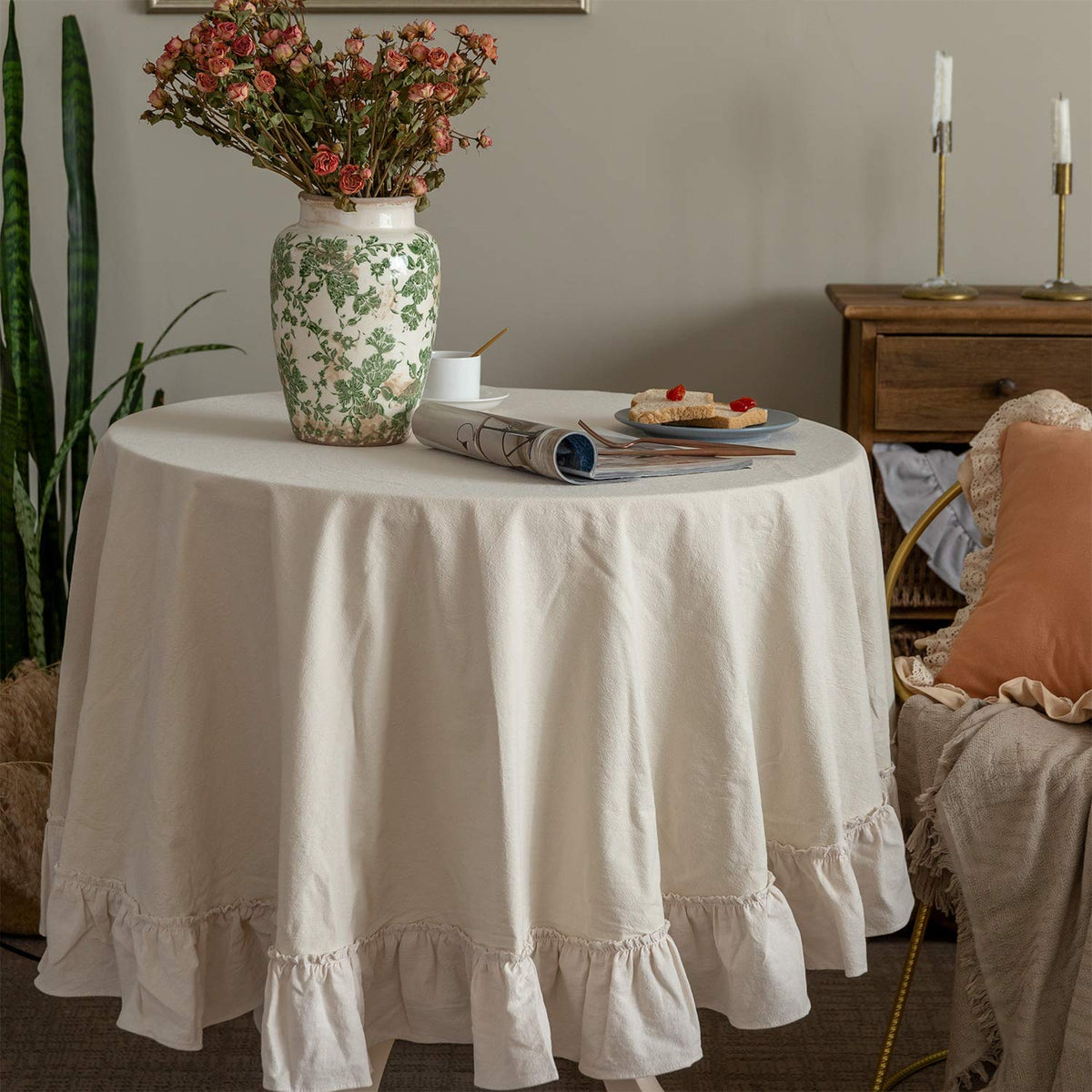 GLORY SEASON Retro Farmhouse Ruffle Tablecloth Cotton Flounces Trim Washable Table Cover Tablecloths for Rectangle Table Baby Shower Kitchen Party Wedding Decor, 52''x70''