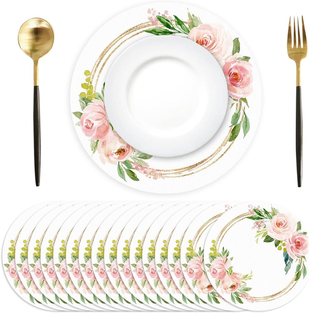 100 Pack Paper Placemats Disposable Pink Floral Wedding Disposable Placemats 13.7 Inch Rose Floral Round Place Mats Spring Summer Table Mats for Birthday Wedding Anniversary Bride Party Supplies