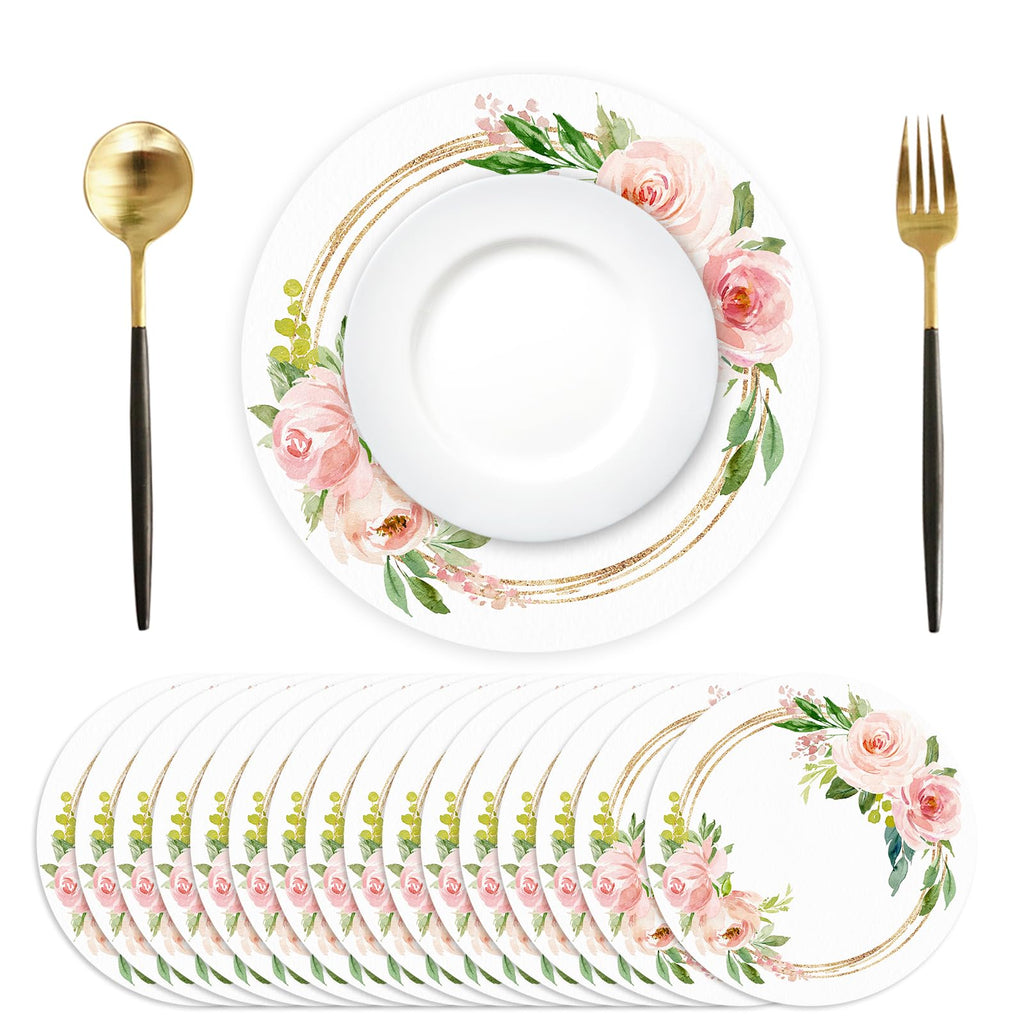 100 Pack Paper Placemats Disposable Pink Floral Wedding Disposable Placemats 13.7 Inch Rose Floral Round Place Mats Spring Summer Table Mats for Birthday Wedding Anniversary Bride Party Supplies
