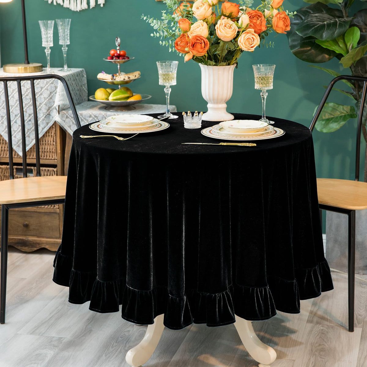 GLORY SEASON Velvet Tablecloth Luxurious Solid Rectangle Table Cloth,Oblong Retro Farmhouse Ruffle Tablecloths Washable Table Cover for Party Olive Green,52x70 Inches
