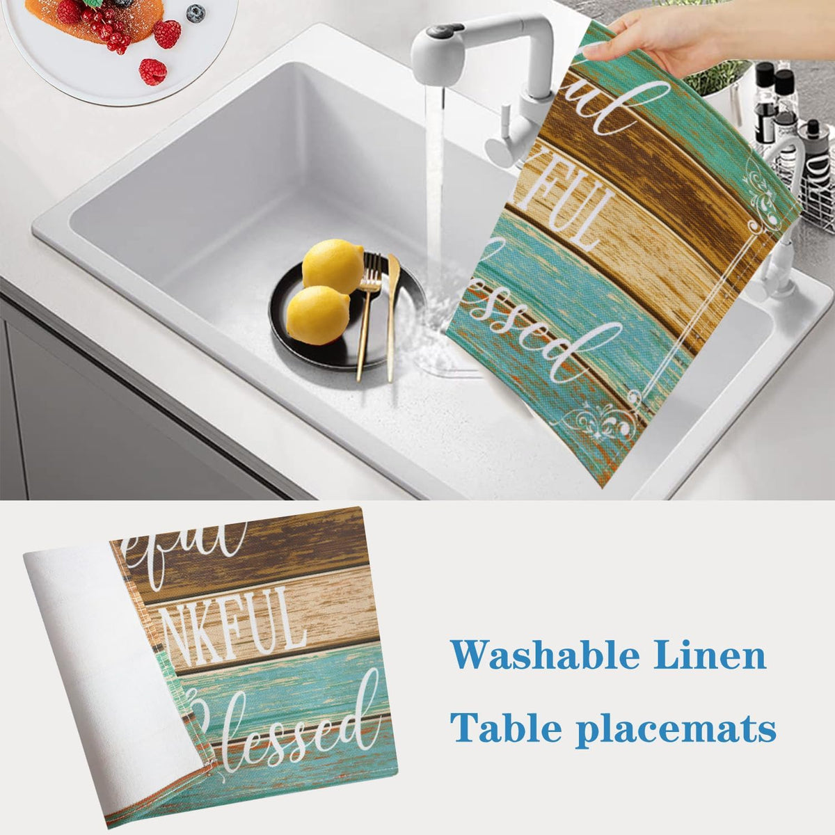 Farmhouse Teal Placemats Set of 4 Thankful Blessed Table Mats