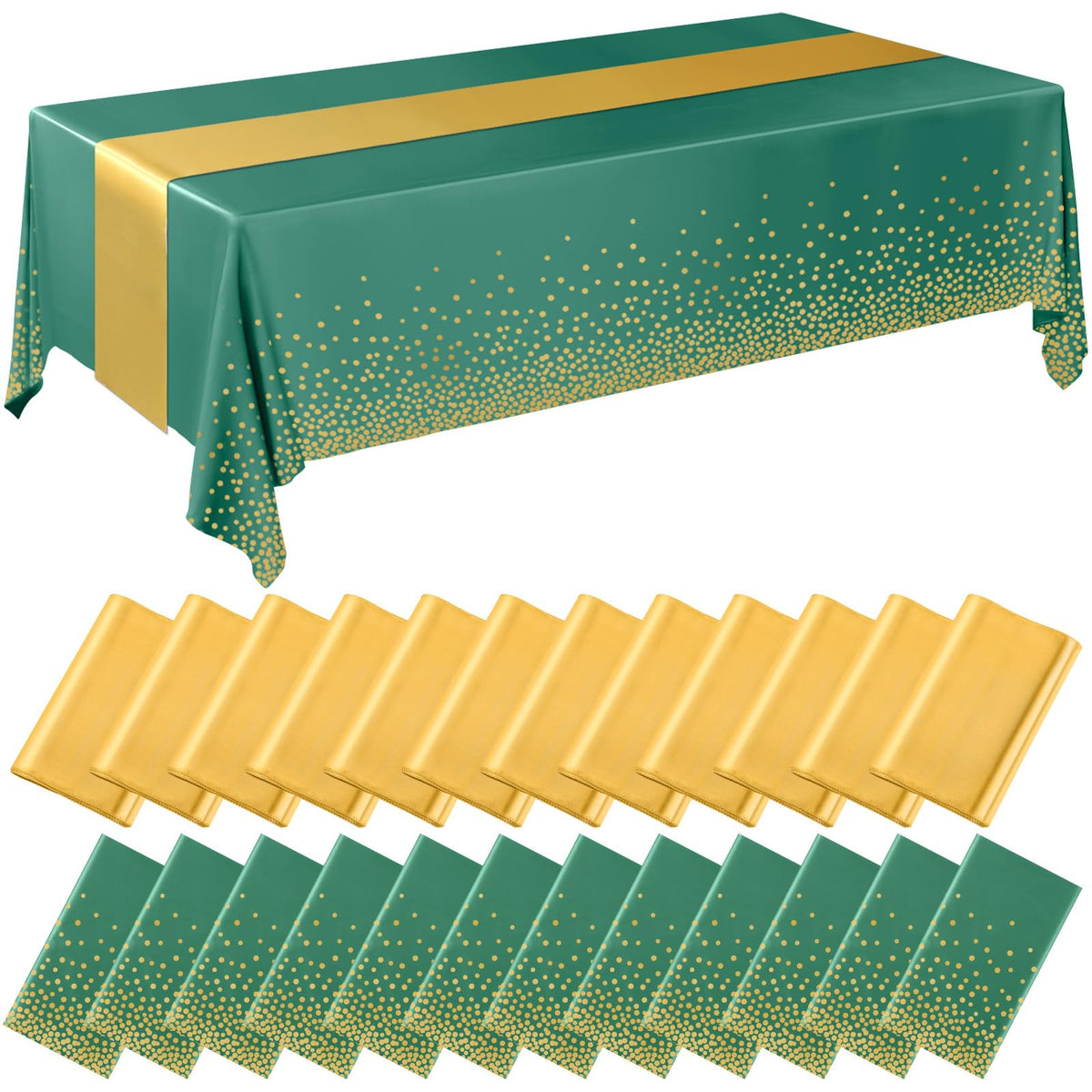 Breling 8 Pack Green and Gold Tablecloths and Satin Runners Set