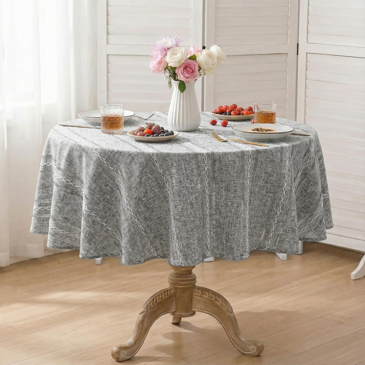 Horaldaily Light Coffee Round Tablecloth, 60×60 Inch, Farmhouse Style